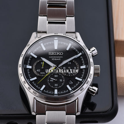 Seiko Chronograph SSB413P1 Discover More Black Dial Stainless Steel Strap