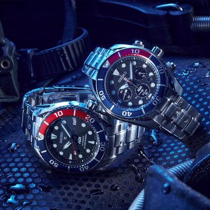 Seiko Prospex SSC795J1 PADI Sumo Pepsi Solar Chronograph Black Dial Stainless Steel Strap