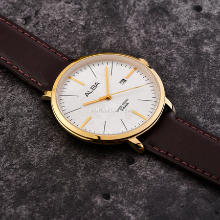 Alba Prestige AS9J88X1 Men Silver White Dial Dark Brown Leather Strap