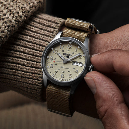 Seiko 5 Sports SRPJ83K1 Mid-Field Sports Style Automatic Men Beige Dial Beige Nylon Strap