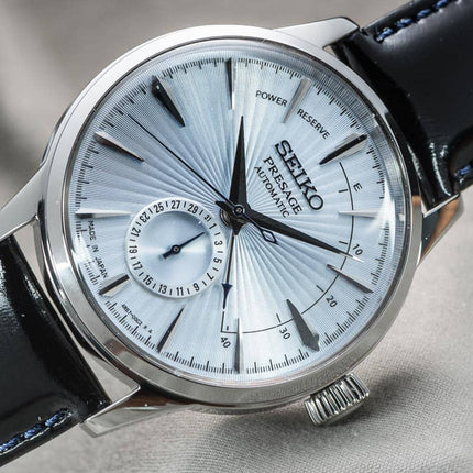 Seiko Presage SSA343J1 Cocktail Time Skydiving Automatic Ice Blue Texture Dial Black Leather Strap