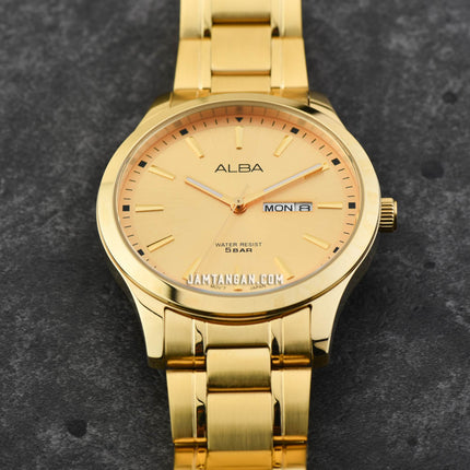 Alba Prestige AJ6148X1 Men Gold Dial Gold Stainless Steel Strap