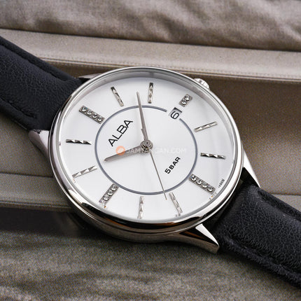 Alba Fashion AG8Q59X1 Ladies Silver White Dial Black Leather Strap