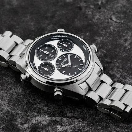Seiko Prospex SFJ001P1 Speedtimer Panda Solar Chronograph Dual Tone Dial Stainless Steel Strap