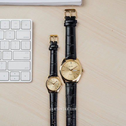 Alba AN8092X1_AJ6196X1 Couple Gold Dial Black Leather Strap