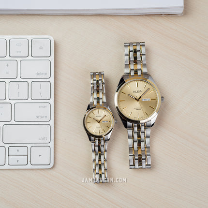 Alba AN8080X1_AJ6184X1 Couple Gold Dial Dual Tone Stainless Steel Strap