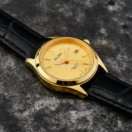 Alba Prestige AH7CG0X1 Ladies Gilt Dial Black Leather Strap