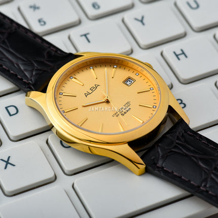Alba AXHL64X1 Men Gold Dial Black Leather Strap