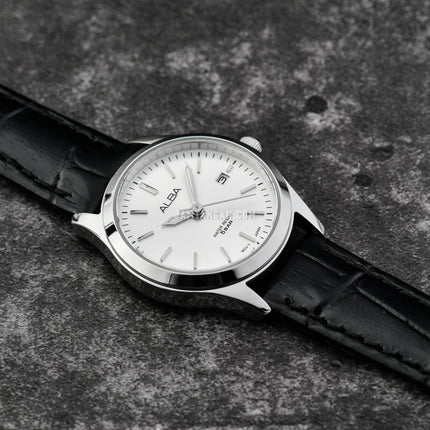 Alba Prestige AH7CG7X1 Ladies Silver White Dial Black Leather Strap