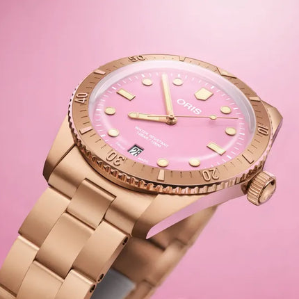 Oris Divers Sixty-Five 01-733-7771-3158-07-8-19-15 Cotton Candy Red Dial Rose Gold St. Steel Strap