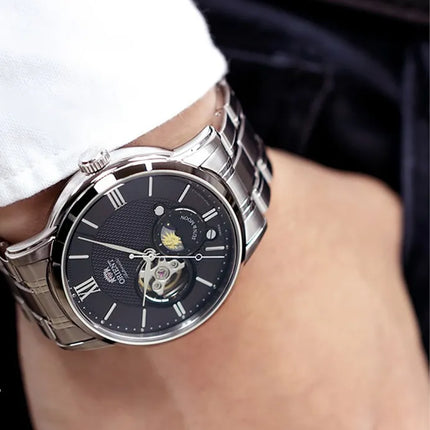 Orient RA-AS0008B Automatic Sun & Moon Black Open Heart Dial Stainless Steel Strap