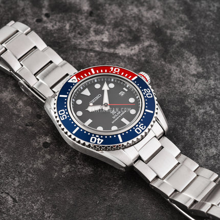 Seiko Prospex SNE591P1 Solar Divers 200M Pepsi Black Dial Stainless Steel Strap