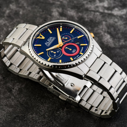 Alba Signa AT3H97X1 Chronograph Men Blue Patterned Dial Stainless Steel Strap