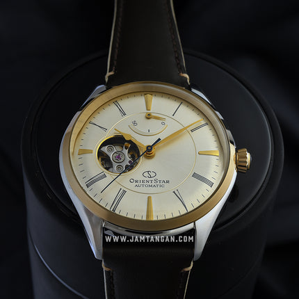 Orient Star RE-AT0201G Open Heart Beige Dial Brown Leather Strap