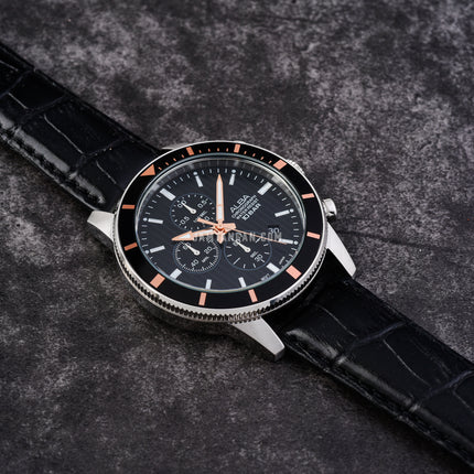 Alba Active AM3961X1 Chronograph Men Black Patterned Dial Black Leather Strap
