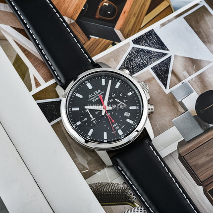 Alba Active AT3J63X1 Men Chronograph Black Dial Black Leather Strap