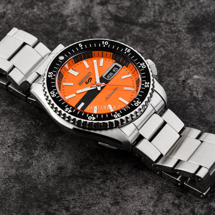 Seiko 5 Sports SRPK11K1 SKX Sports Style Double Hurricane Orange Dial St Steel Strap Special Edition