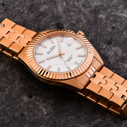 Alba Prestige AS9J90X1 Silver White Dial Rose Gold Stainless Steel Strap