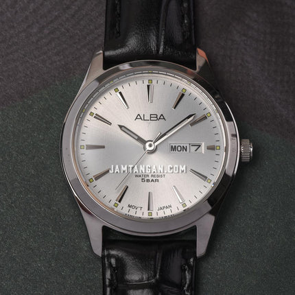 Alba AN8089X1 Ladies Silver Dial Black Leather Strap