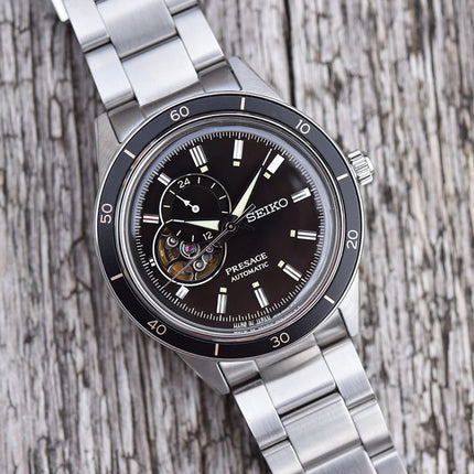 Seiko Presage SSA425J1 Style60s Automatic Open Heart Black Dial Stainless Steel Strap