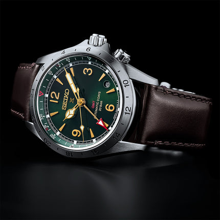 Seiko Prospex HBC007J1 Land Alpinist Mechanical GMT Green Dial Brown Leather Strap