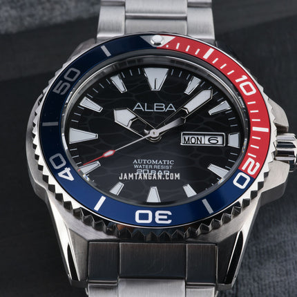 Alba Mechanical A3B017X1 Automatic Men Pepsi Black Pattern Dial Stainless Steel Strap