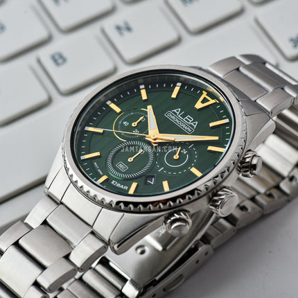 Alba Signa AT3H85X1 Chronograph Men Green Patterned Dial Stainless Steel Strap