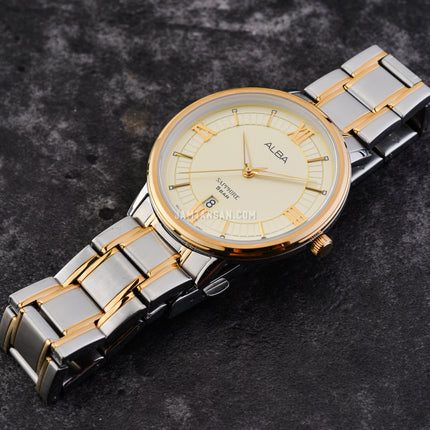 Alba Prestige AS9L24X1 Men Champagne Pattern Dial Dual Tone Stainless Steel Strap