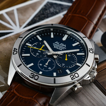 Alba Active AT3H31X1 Chronograph Men Blue Dial Brown Leather Strap