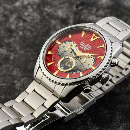 Alba Signa AT3J11X1 Chronograph Men Maroon Light Gold Gradation Patterned Dial Stainless Steel Strap
