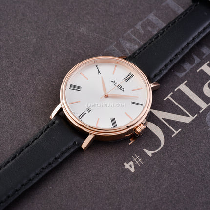 Alba Fashion AG8N88X1 Ladies Silver White Dial Black Leather Strap