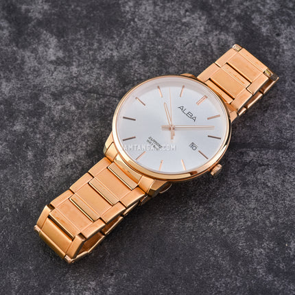 Alba Prestige AS9G56X1 Men Silver White Dial Rose Gold Stainless Steel Strap