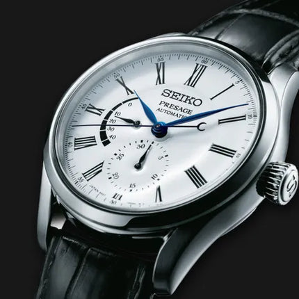 Seiko SPB045J1 Presage Enamel Series Automatic White Enamel Dial Dark Black Leather Strap