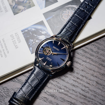 Seiko Presage SSA405J1 Cocktail Time Blue Moon Open Heart Dial Blue Leather Strap