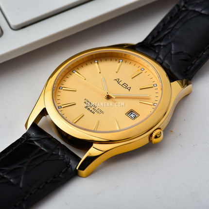 Alba AXHL64X1 Men Gold Dial Black Leather Strap
