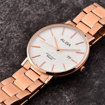 Alba Prestige AS9K06X1 Men White Dial Rose Gold Stainless Steel Strap