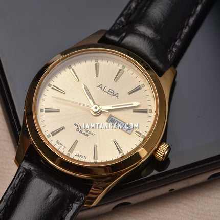 Alba AN8092X1 Ladies Gold Dial Black Leather Strap