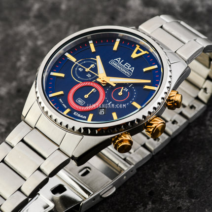 Alba Signa AT3H97X1 Chronograph Men Blue Patterned Dial Stainless Steel Strap