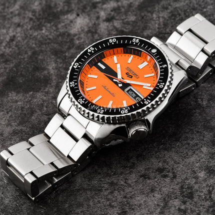 Seiko 5 Sports SRPK11K1 SKX Sports Style Double Hurricane Orange Dial St Steel Strap Special Edition