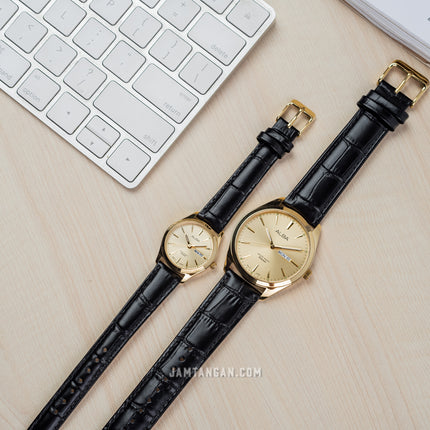 Alba AN8092X1_AJ6196X1 Couple Gold Dial Black Leather Strap