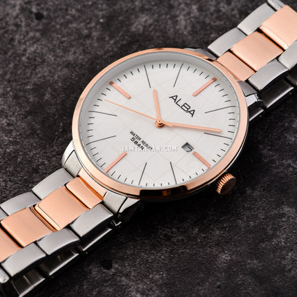 Alba Prestige AS9J78X1 Silver White Dial Dual Tone Stainless Steel Strap