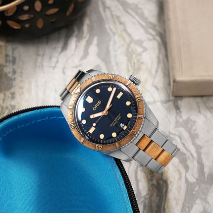 Oris Divers 01-733-7707-4355-07-8-20-17 Sixty-Five Blue Dial Dual Tone Stainless Steel Strap