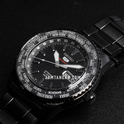 Seiko 5 Sports SRP129K1 World Time Automatic Black Dial Black Stainless Steel Strap