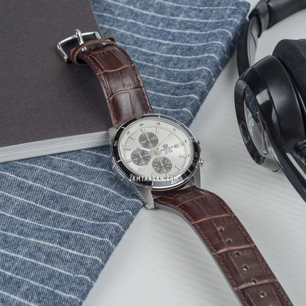Casio Edifice EFR-526L-7AVUDF Chronograph Panda Men White Dial Brown Leather Strap
