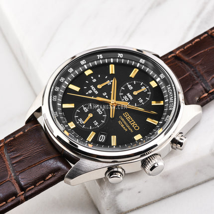 Seiko Chronograph SSB385P1 Green Dial Brown Leather Strap