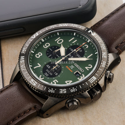 Seiko Prospex SSC739P1 Sea Chronograph Solar 200M Water Resistance Green Dial Brown Leather Strap