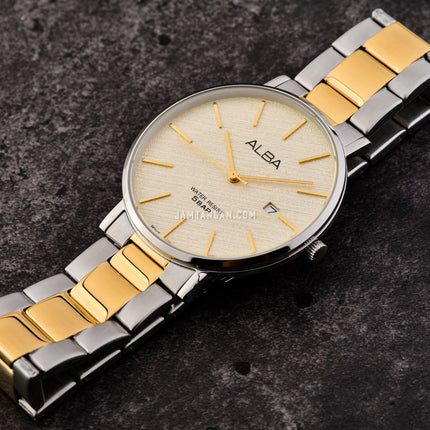 Alba Prestige AS9K11X1 Men Light Champagne Pattern Dial Dual Tone Stainless Steel Strap