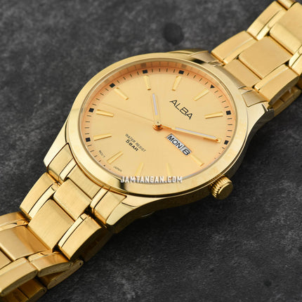 Alba Prestige AJ6148X1 Men Gold Dial Gold Stainless Steel Strap
