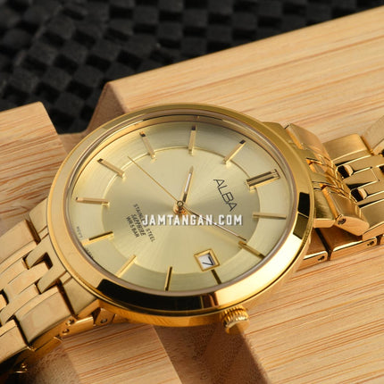 Alba Prestige AS9D74X1 Men Champagne Dial Gold Stainless Steel Strap