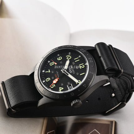 Seiko 5 Sports SSK025K1 GMT Field Street Style Deception Black Dial Black Leather Strap